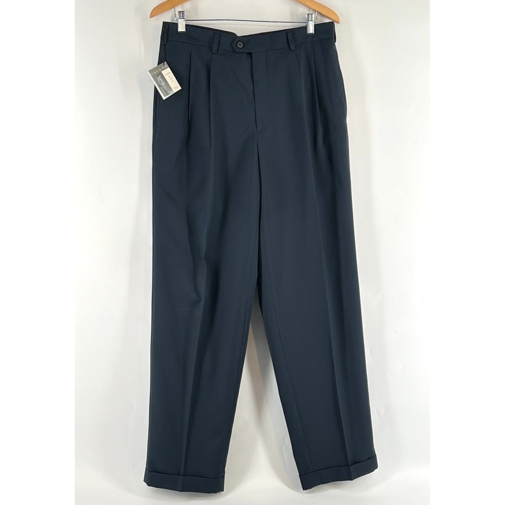 Vtg Savane Silkworks Pleated Dress Pants Mens 34x34 Navy Blue Cuffed NWT 90s